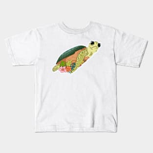 Cartoon turtle With Grass And Flowers, Tortoise Lovers Kids T-Shirt